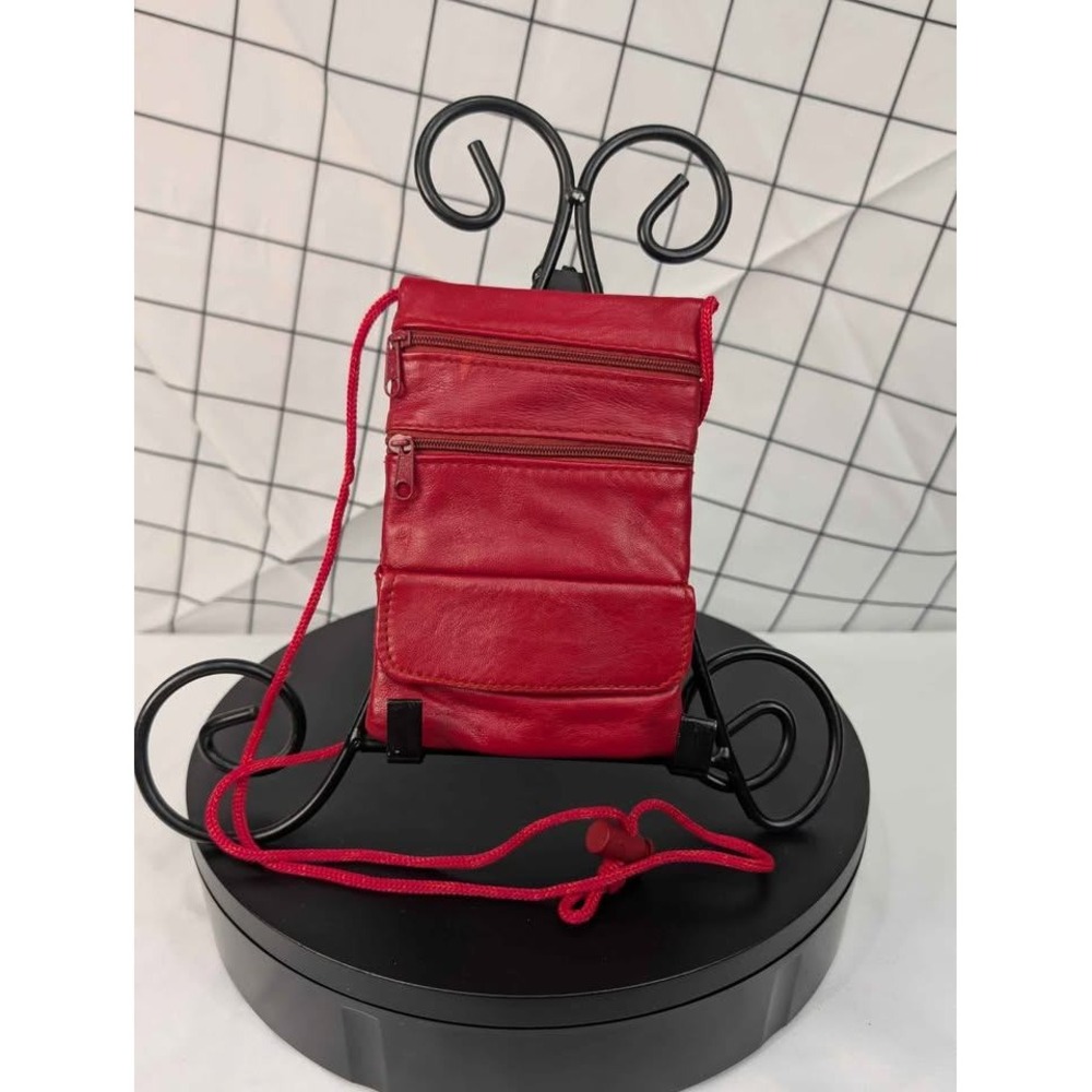Red Leather Neck Pouch/Crossbody Bag ~ Small Travel Wallet/Purse